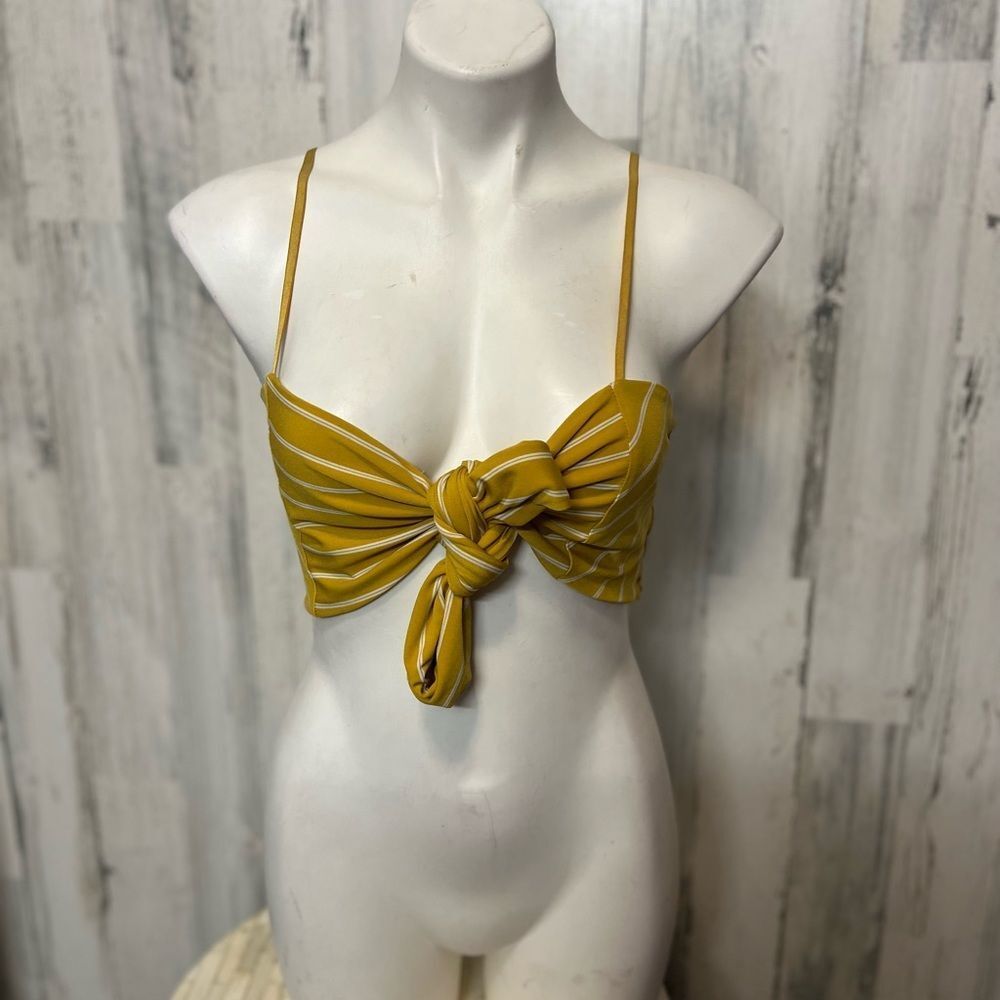 Mustard Yellow Striped Tie-Front Bralette Crop Top Womens Medium Smocked Back Ca